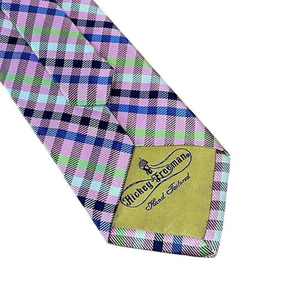 Hickey Freeman Silk Tie Men's | Pink Blue White Green Spring Check Hand Tailored - Picture 2 of 4